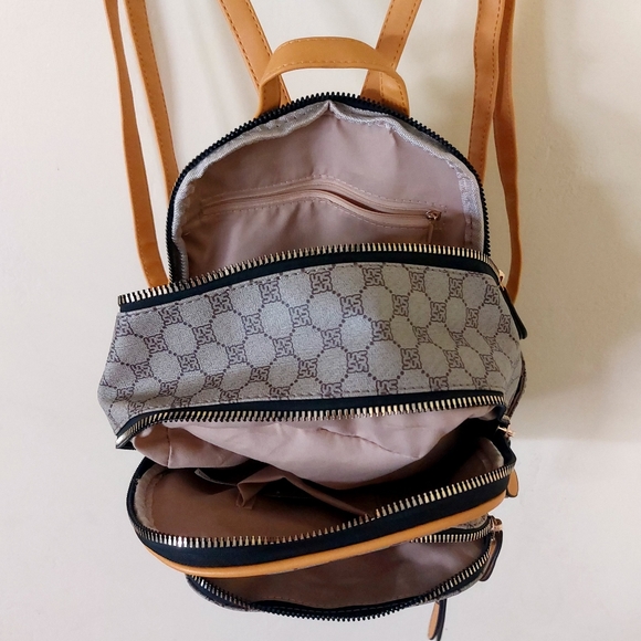 Yellow & Tan Small Faux Leather Vegan Friendly Fashion Backpack Purse w/ Print - Picture 6 of 12